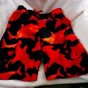 OP red black orange shark swim trunks mesh liner faux fly size Medium 8 EUC…
